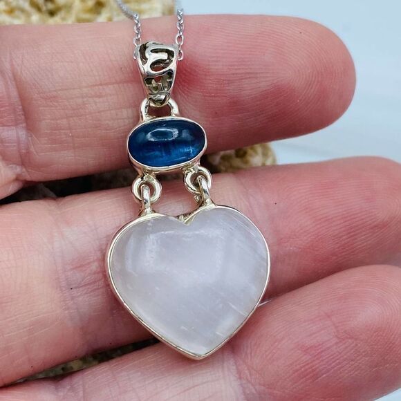 Selenite Divine Light & Kyanite Heart Sterling Silver Pendant Necklace - Picture 8 of 9